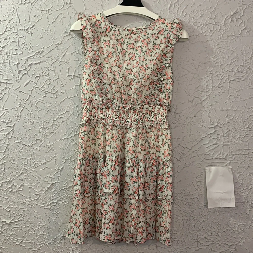 STORIA Ruffle Layer Ditzy Floral Mini Dress Pink White Medium Sleeveless Party